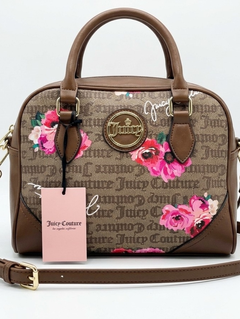 New Juicy Couture Brown Floral Logo Dome Satchel with Pink Accents